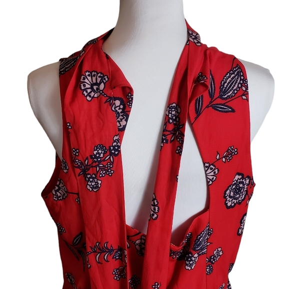 Eliza J Red Floral Print Mini Dress Size 14 Mock Neck Open Back Bow Feminine - Picture 8 of 15